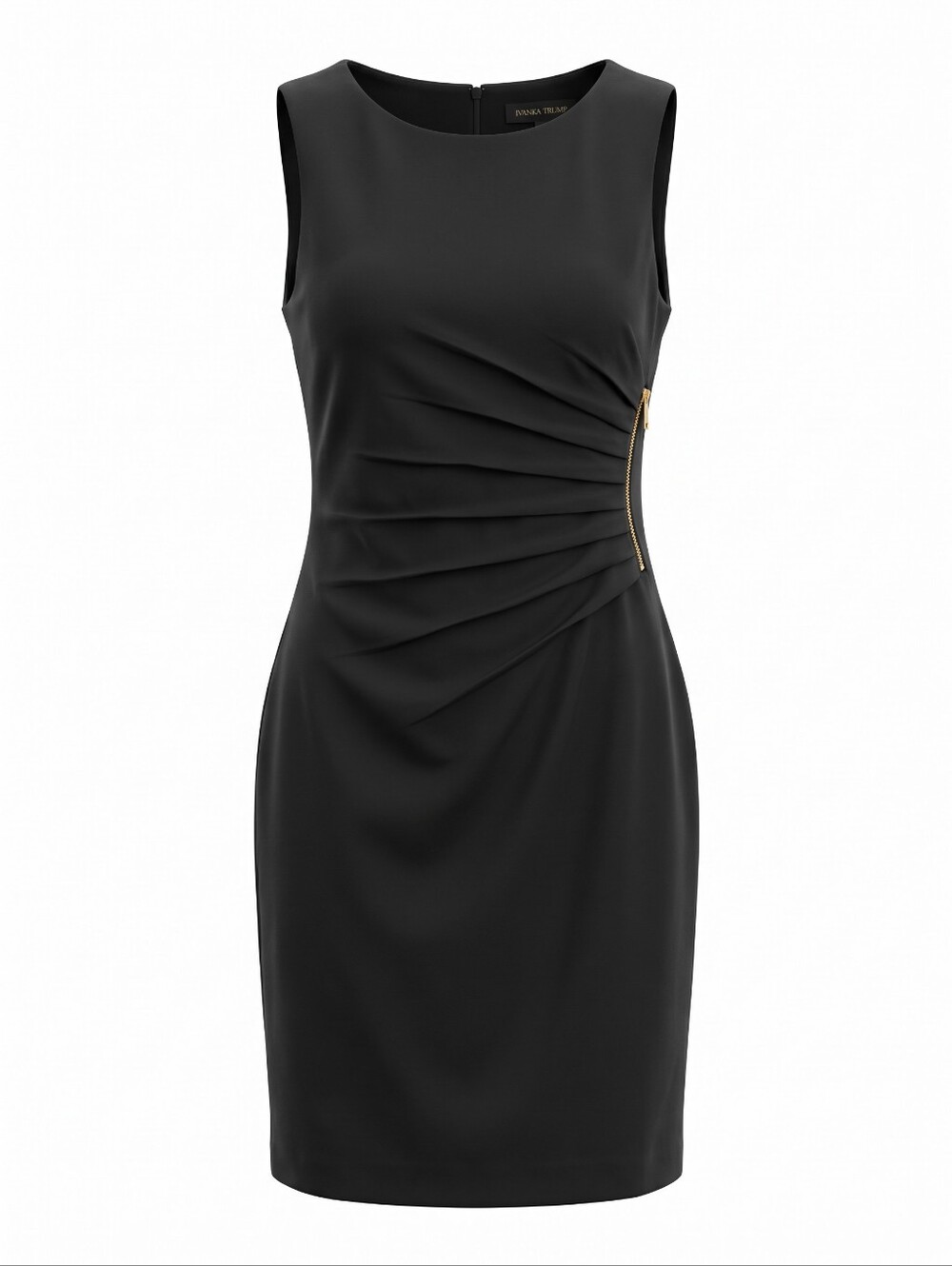 Ivanka Trump Black Sleeveless Ruched Sheath Dress with Gold Zip Party Cocktail
